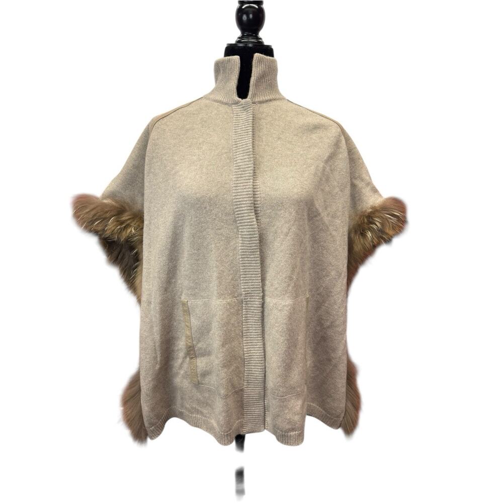 Max & Moi Cashmere Wool Cape Poncho Raccoon Fur Trim Leather M